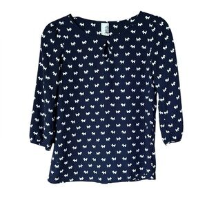 Navy Scottie Dog Print Blouse Women's Small | Made in USA 3/4 Sleeve Keyhole Top